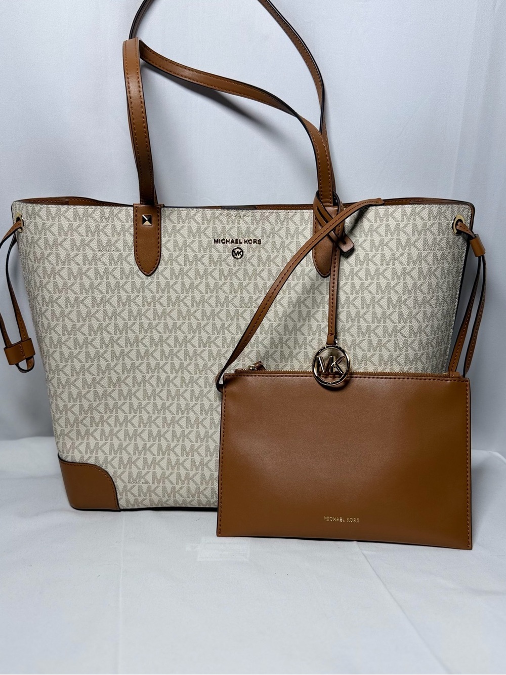 Michael Kors Vanilla MK Logo Tote with Brown Leather Wristlet
